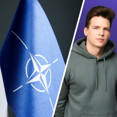 Kuvakombo. Vasemmalla Suomen ja Naton liput. Oikealla toimittaja Antti Kurra.