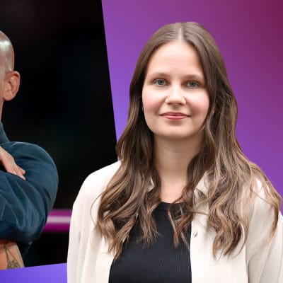 Laura Törnroos står invid en bild av Luis Rubiales som kramar om fotbollsspelaren Jenni Hermoso efter att Spanien vann VM-guld i fotboll.