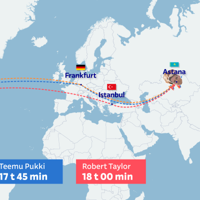 En karta där Teemu Pukkis, Robert Taylors och Jere Uronens flygrutter och flygtider till Astana finns utritade.