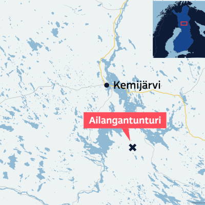 Kartta, jossa näkyy Ailangantunturi sekä Rovaniemi ja Kemijärvi.