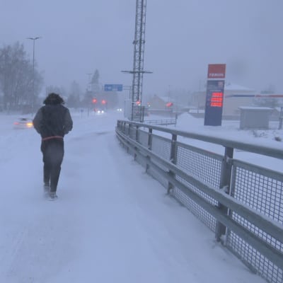 Henkilö kävelee kovassa lumisateessa Vaasan Palosaarella.