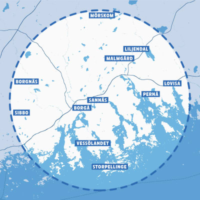 Karta över området för Närmat Östra Nyland