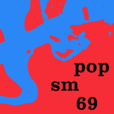 Tyylitelty sähkökitara ja teksti "Pop SM 69"