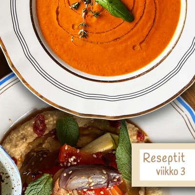 Kolme ruoka-annosta ylhäältä kuvattuina ja teksti reseptit viikko 3.