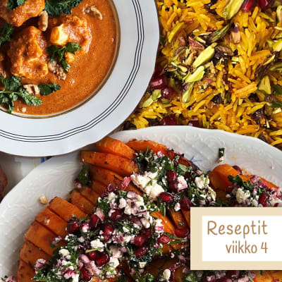 Värikkäitä ruoka-annoksia ja teksti "reseptit, viikko 4".