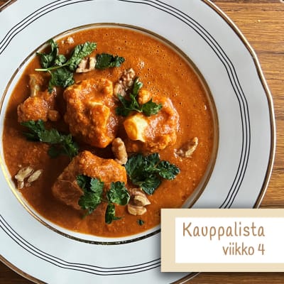 Mausteinen kukkakaaliannos lautasella ja teksti "kauppalista, viikko 4".