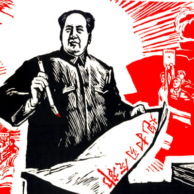 Kiinalainen propagandajuliste, jossa Mao kirjoittaa jotain paperiin ja kansa työskentelee