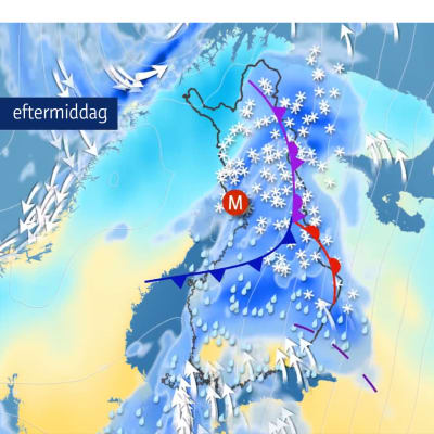 Karta över Finland med vädersymboler för snöfall och regn.