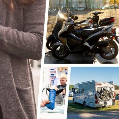 Bildkollage med en gravid kvinna, mopeder, en husvagn och en pojke med gipsat ben.