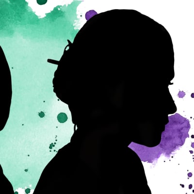 En illustrerad bild med färgstänk i bakgrunden i grönt och lila med två personer i profil som är svarta siluetter.