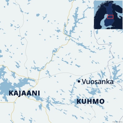 Kartalla näkyvät Oulu, Kajaani, Kuhmo ja Vuosanka.