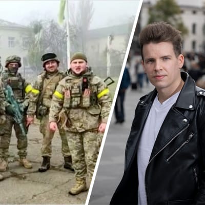Kaksiosainen kuva. Vasemmalla kuvakaappaus videosta, jolla ukrainalaissotilaat julistavat vapauttaneensa Snihurivkan kaupungin Ukrainassa. Oikealla toimittaja Antti Kurra.
