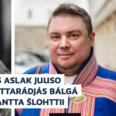 Aslak Juuso ja Tuomas Alsak Juuso kollaasissa. Kuvien päällä lukee saameksi teksti, joka tarkoittaa, että Tuomas Aslak Juuso seuraa isoisoisänsä jalanjälissä Linnan juhliin.