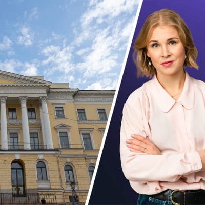 Vasemmalla valtioneuvoston linna, jonka päällä heiluu Suomen lippu ja oikealla studiokuva toimittaja Sara Salmesta.