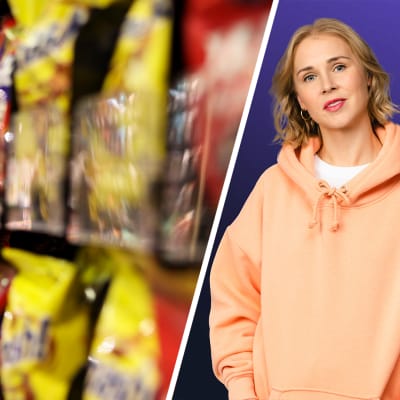 Kuvakombo: vasemmalla kuva ruokakaupan karkkihyllystä. Oikealla studiokuva toimittaja Sara Salmesta.