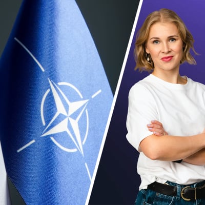 Kuvakombo: Ylhäällä Suomen ja Naton liput vierekkäin ja alhaalla toimittaja Sara Salmi.