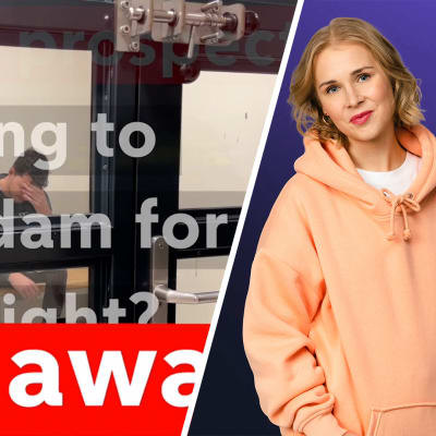 Kuvakombo: Vasemmalla kuvakaappaus Amsterdamin pysykää poissa -kampanjan mainosvideosta ja oikealla toimittaja Sara Salmi.