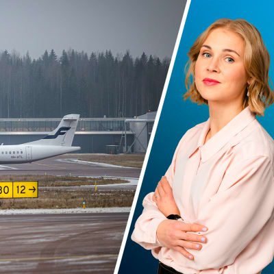 Kuvakombo: Vasemmalla Finnairin kone Jyväskylän lentoasemalla ja oikealla toimittaja Sara Salmi.