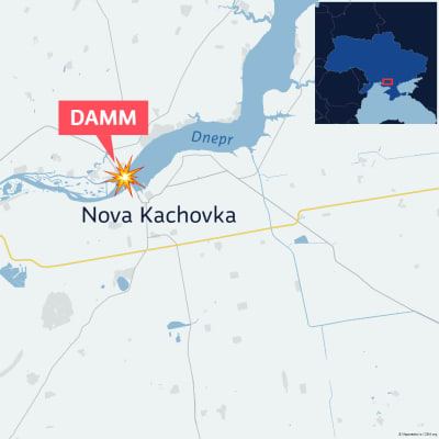 En karta över ställen där dammen Nova Kachovka har sprängts, nära staden Cherson.
