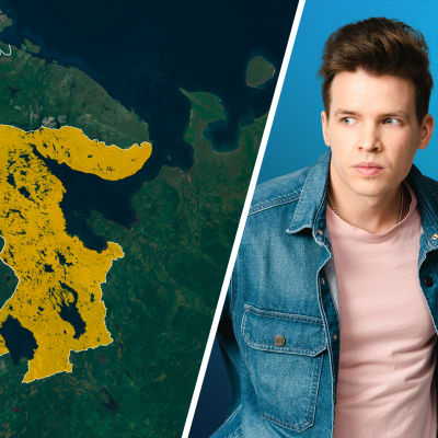 Kaksiosainen kuvakombo. Vasemmalla karttagrafiikka siitä, millaiselta näyttäisi itsenäinen Karjalan tasavalta Dmitri Kuznetsovin liikkeen suunnitelmissa. Oikealla toimittaja Antti Kurra.
