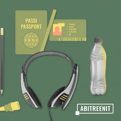 Vihreällä pohjalla omena, läppäri, kynä, kuulokkeet, vesipullo, passi ja ajokortti. Oikeassa alalaidassa Abitreenien logo.
