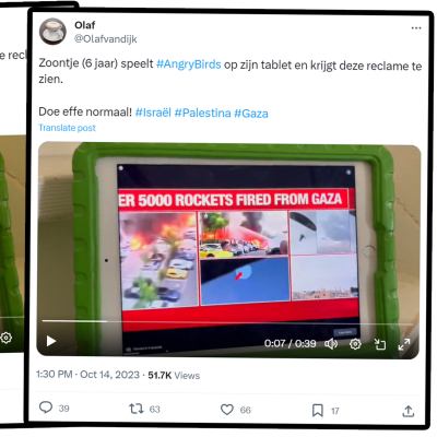 Två skärmdumpar från det sociala mediet X. Den ena visar en surfplatta med Angry Birds. Den nästa, ett par sekunder senare, visar samma surfplatta med krigspropaganda från Israel.