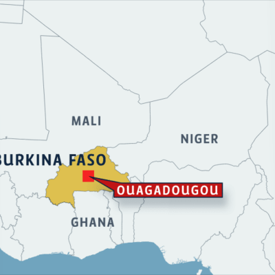 Kartta, jossa näkyy Burkina Fason sijainti Afrikassa. Karttaan on merkitty myös pääkaupunki Ouagadougou.