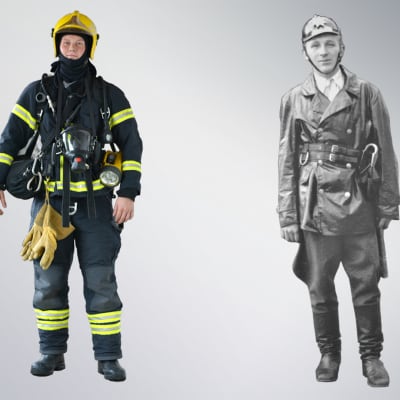 Palomies nykyaikaisissa varusteissa ja 1930-luvun varusteissa.