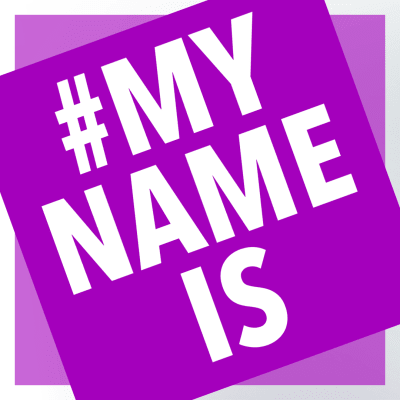 Vaaleanpunainen #MY NAME IS -logo.