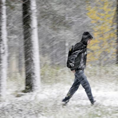 Nuori mies kävelee lumisateessa.