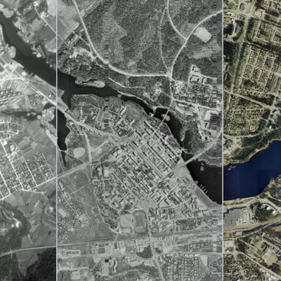 Kolmesta eri aikaan otetusta ilmakuvasta koostettu kuva Kajaanin kaupungista.