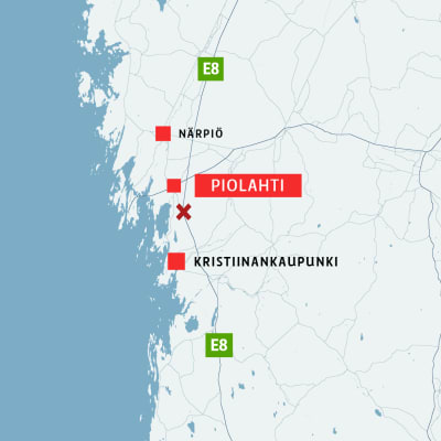 Kartta, jossa näkyvät Närpiö, Piolahti, onnettomuuspaikka ja Kristiinankaupunki. 