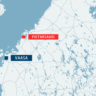 Kartta, jossa ovat Pietarsaari sekä Vaasa.