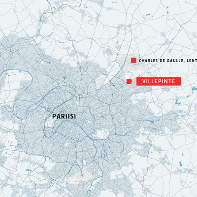 Pariisin alueen kartta, johon on merkitty Villepinte ja Charles de Gaullen lentoasema. 