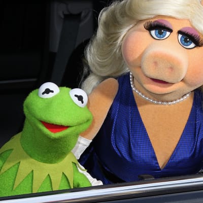Kermit ja Miss Piggy Muppets Most Wanted -elokuvan ensi-illassa Hollywoodissa 11. maaliskuuta 2014. 