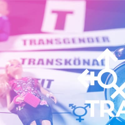 Två dockor (en man och en kvinna) som ligger ovanpå papperslappar där det står: transgender, transkönad samt transvestit. 