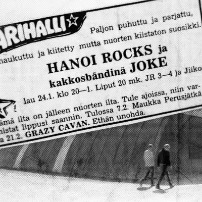 Juvan Kaarihalli, jonka päällä on lehti-ilmoitus Hanoi Rocksin keikasta.