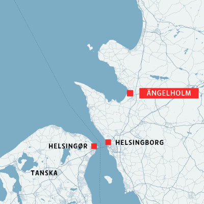Kartta, johon on merkitty Ängelholm, Helsingborg ja Helsingør.