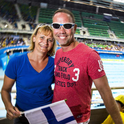Reetta Kaukinen ja puolisonsa Tuomas Kaukinen Rio de Janeiro olympiakisoissa elokuussa 2016.