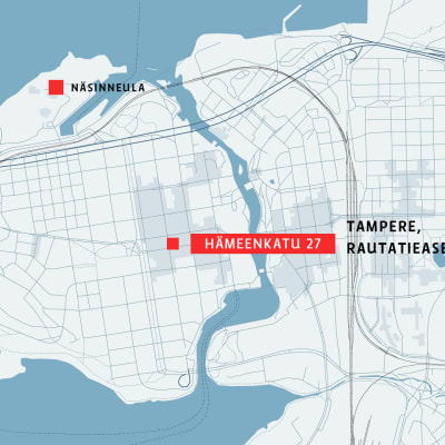 Tampereen kartta, johon on merkitty Hämeenkatu 27. 