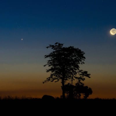 Venus (vasemmalla), Jupiter ja Kuu kuvattuna Salgotarjanissa Unkarissa elokuussa 2014.