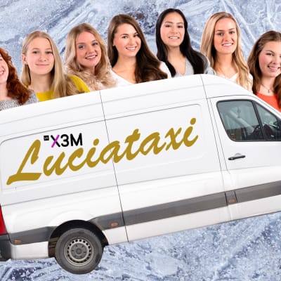 Luciakandidaterna bakom en vit paketbil där det står Luciataxi Yle X3M
