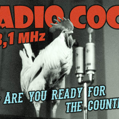 Keksityn radioaseman, Radio Cockin, mainos, kuvassa kukko ja tekstiä.