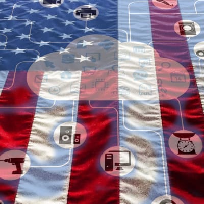 Amerikanska flaggan och en stiliserad bild av internet