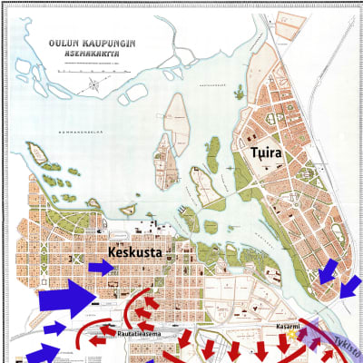 Oulun taisteluiden rintamat oulun valtauksen aikana 3. helmikuut 1918.
