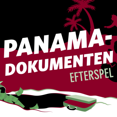 En stiliserad bild i svart, rött och grönt där figurer springer omkring med pengasäckar på ryggen på en strand.