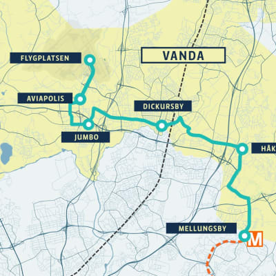 Karta över den nya spårvägen i Vanda. 