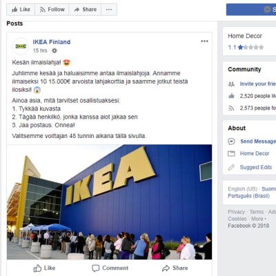 Kuvakaappaus Ikea Finland -Facebook-tililtä.