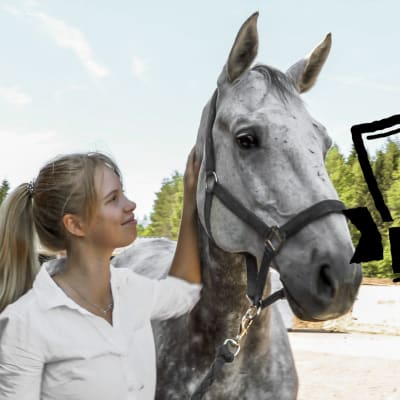 En ung kvinna står vid ett stall och tittar upp mot sin stora gråa häst. Hon håller handen på hästens hals.