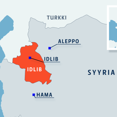 Kartta, jossa Syyrian maakunta Idlib, kaupungit Idlib, Hama ja Aleppo